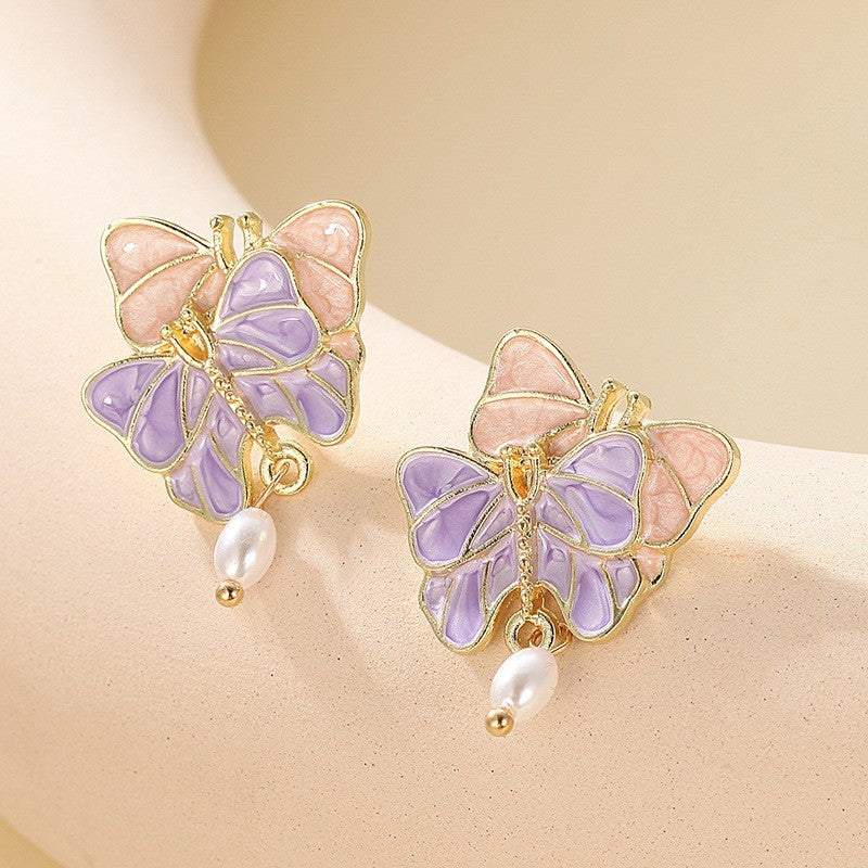 French Butterfly Oil Drop Pink Fashionable Retro Hong Kong Style Earrings For Women, Gentle And Super Fairy Pearl Personality Earrings