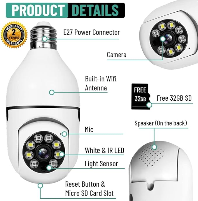 Wireless Home Camera, Light Bulb Camera 360 Degree Full HD 1080P