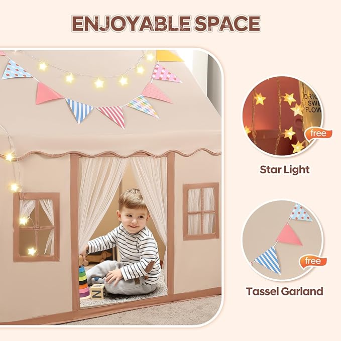 Kids Play Tent with Star Light & Colored Flags Easy to Assemble, Machine Washable - Perfect for Indoor & Outdoor Use