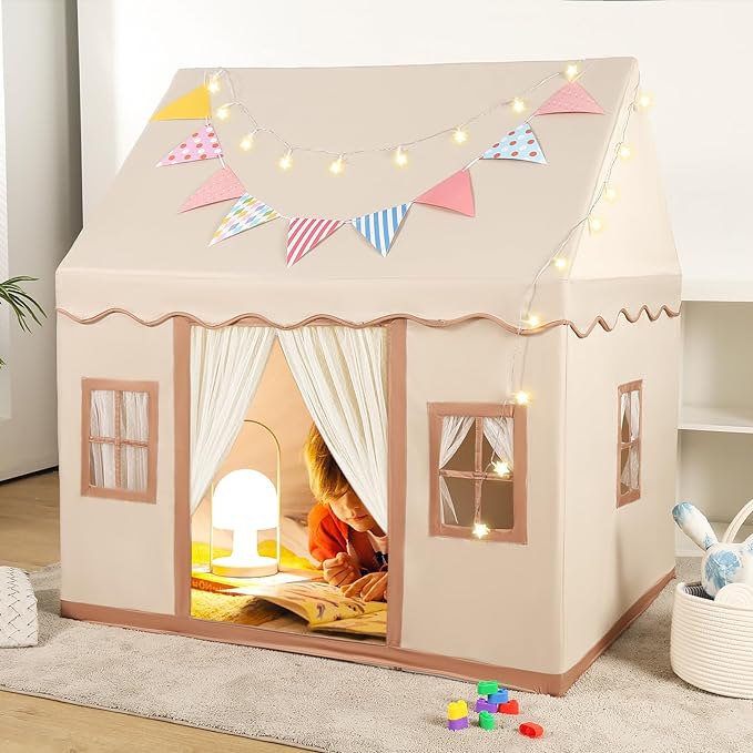 Kids Play Tent with Star Light & Colored Flags Easy to Assemble, Machine Washable - Perfect for Indoor & Outdoor Use