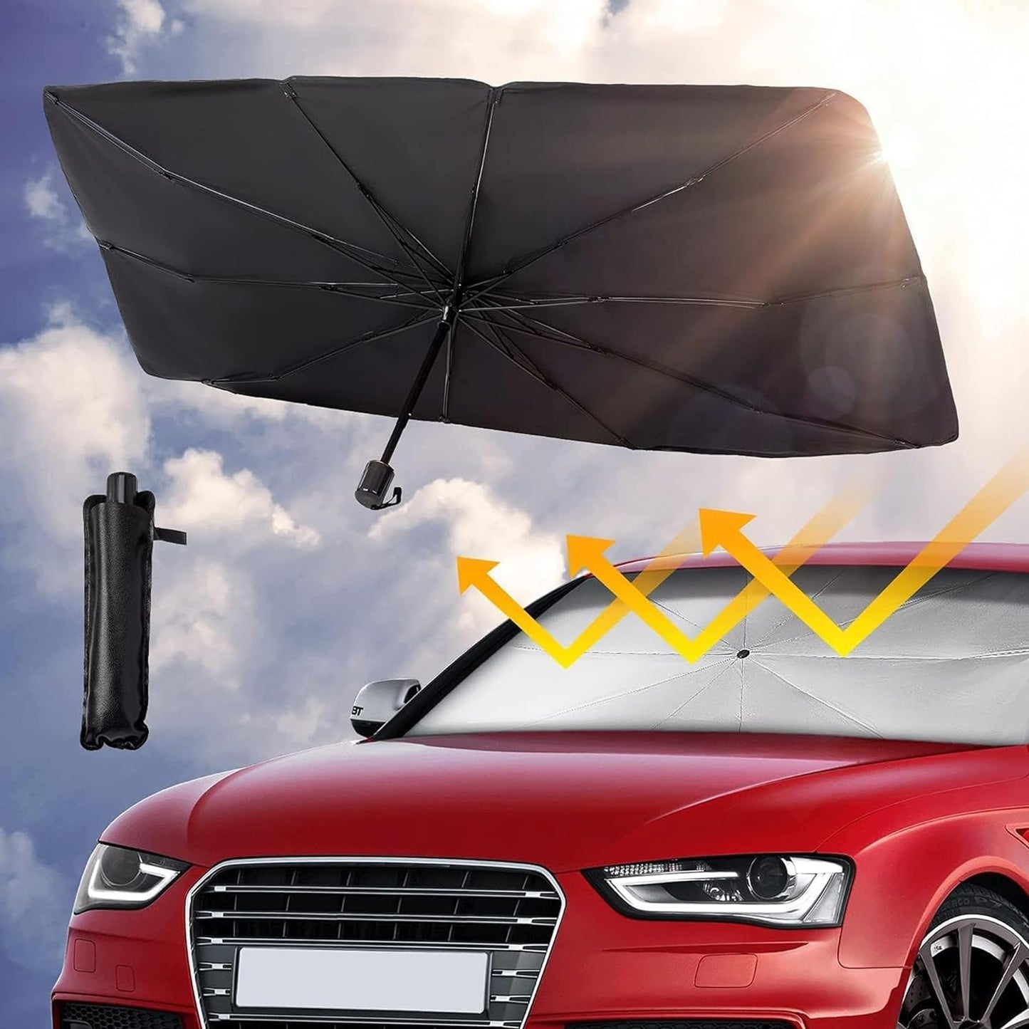 Foldable Car Umbrella Sun Shade Cover ☂️, UV Reflector And Heat 🌞, Sunshade for Cars 🚗, Fits Most Vans and SUVs 🚐 (57 x 31 In)