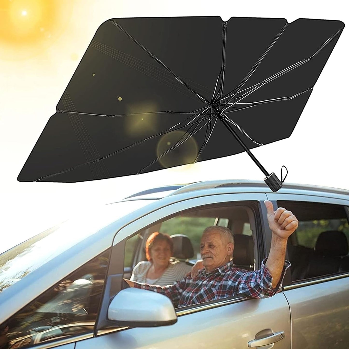 Foldable Car Umbrella Sun Shade Cover ☂️, UV Reflector And Heat 🌞, Sunshade for Cars 🚗, Fits Most Vans and SUVs 🚐 (57 x 31 In)