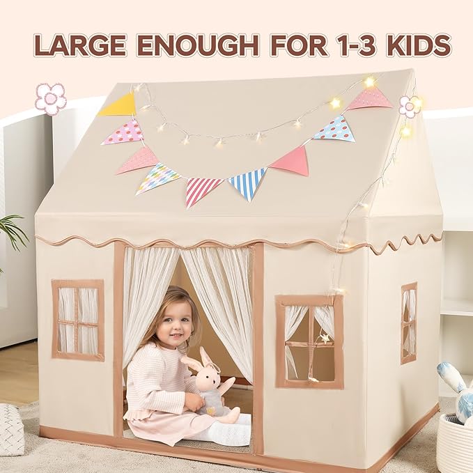 Kids Play Tent with Star Light & Colored Flags Easy to Assemble, Machine Washable - Perfect for Indoor & Outdoor Use