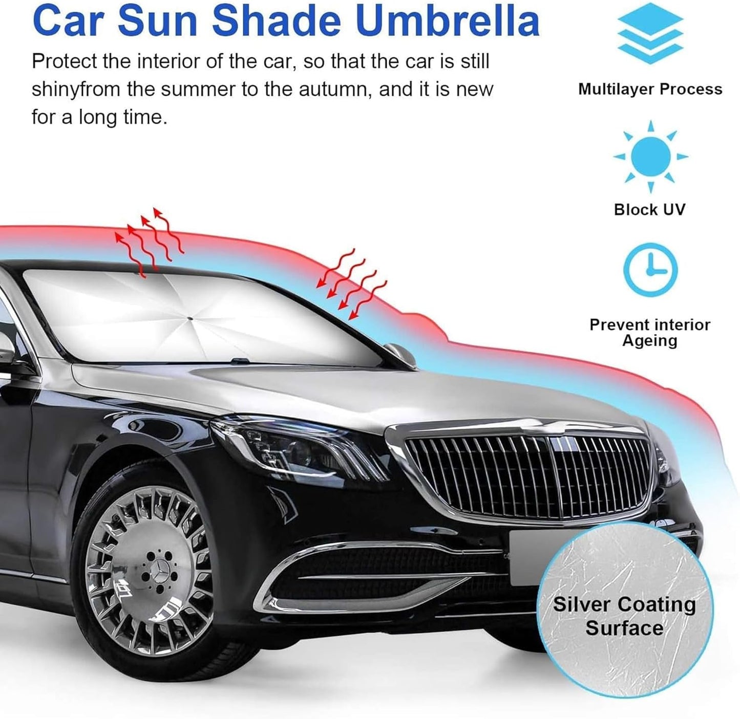 Foldable Car Umbrella Sun Shade Cover ☂️, UV Reflector And Heat 🌞, Sunshade for Cars 🚗, Fits Most Vans and SUVs 🚐 (57 x 31 In)