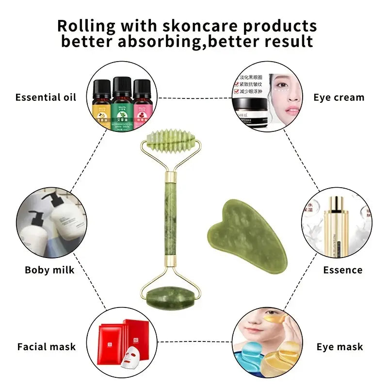 🔥 Jade Roller & Gua Sha Massage Kits 💚 Natural Anti-Aging Face Roller