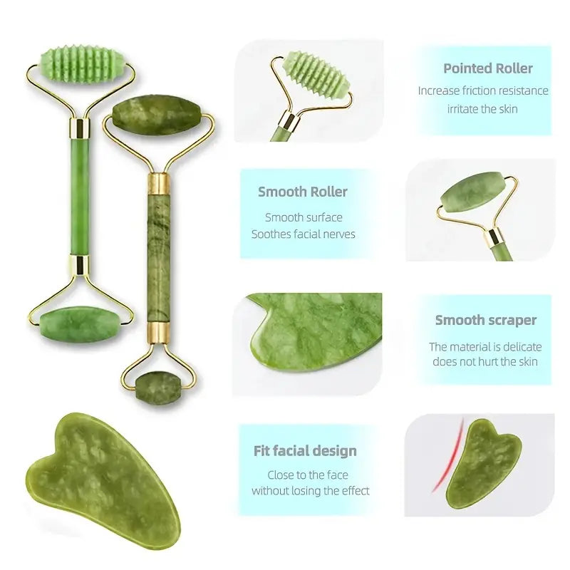 🔥 Jade Roller & Gua Sha Massage Kits 💚 Natural Anti-Aging Face Roller