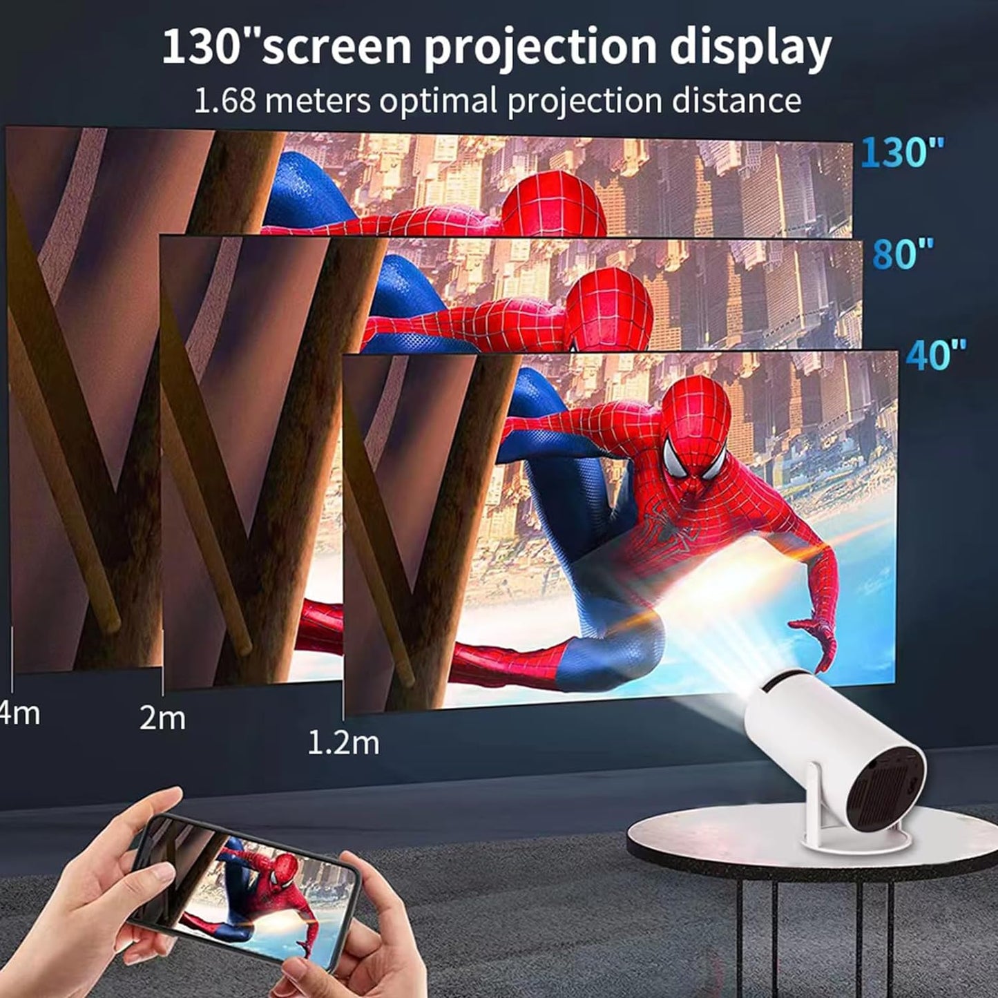 40"-130" Smart Mini Projector 5G WIFI, Support 4K, Big Screen Experience with Premium 360 Sound, 5.0 Bluetooth Movie Projector Compatible With Android/iOS/Windows/TV Stick/HDMI/USB/Audio 3.5